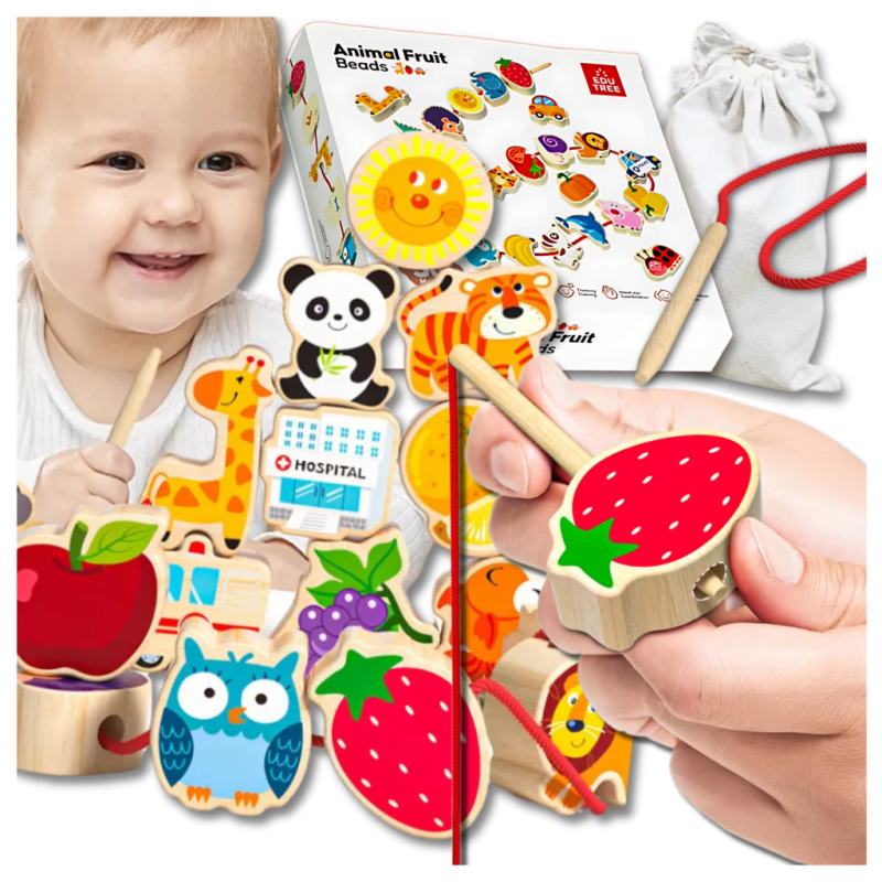 KORALIKI KLOCKI DREWNIANE DO NAWLEKANIA MONTESSORI 42 EL. ALFABET ZWIERZĘTA OWOCE