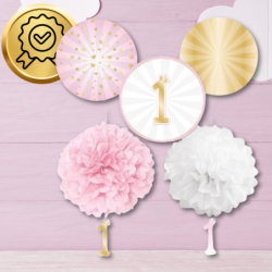 ZESTAW DEKORACJI NA  ROCZEK 1 URODZINY DLA DZIEWCZYNKI RÓŻOWY 5 SZT.
