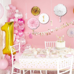 ZESTAW DEKORACJI NA  ROCZEK 1 URODZINY DLA DZIEWCZYNKI RÓŻOWY 5 SZT.