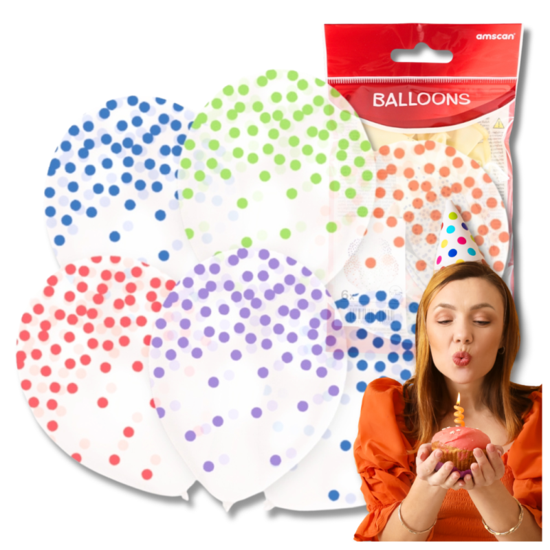 DUŻE BALONY TRANSPARENTNE PRZEŹROCZYSTE 6 SZT KROPKI KOLOROWE