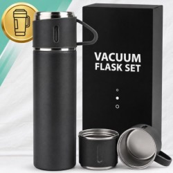 Termos 500 ml + 3 Kubki Zestaw Termiczny Stal Nierdzewna Turystyczny Prezent CZARNY